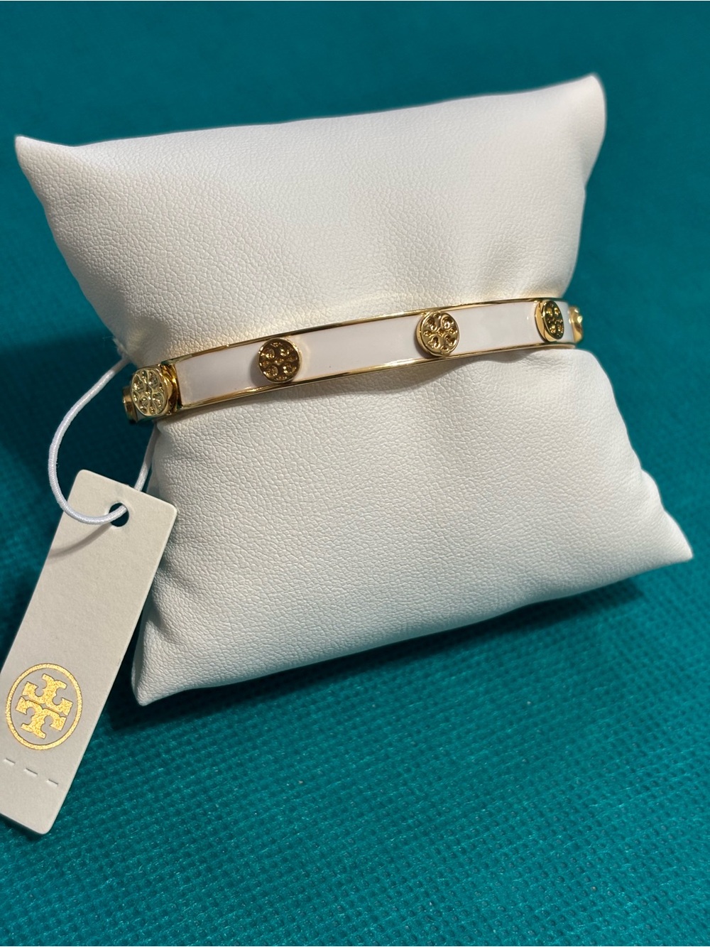 Tory Burch White Enamel and Gold Logo Bangle
